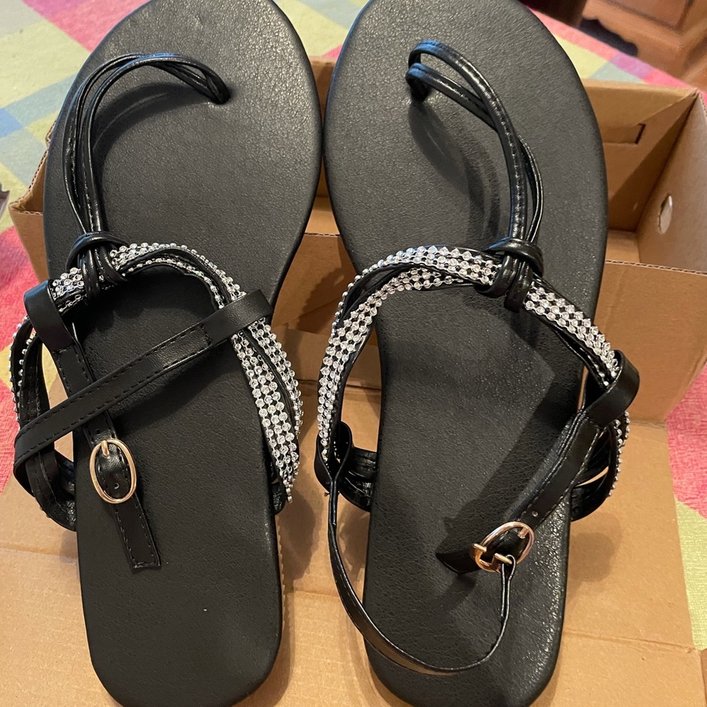 Women’s size 9 black sandals with bling!
